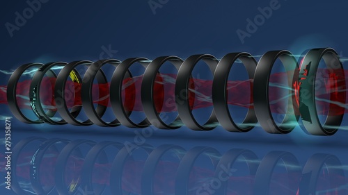 3D image of a particle accelerator, synchrotron, TOKAMAK with plasma inside. The plasma is held by a magnetic field with electric lightning discharges. 3D rendering. Energy future