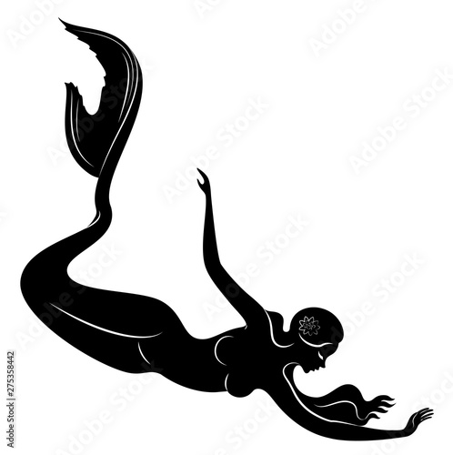 Silhouette of a mermaid. Beautiful girl is floating in the water. The lady is young and slender. Fantastic image of a fairy tale. Vector illustration.