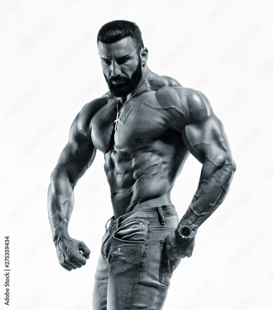 Fototapeta premium Strong Muscular Shirtless Men in Jeans Posing