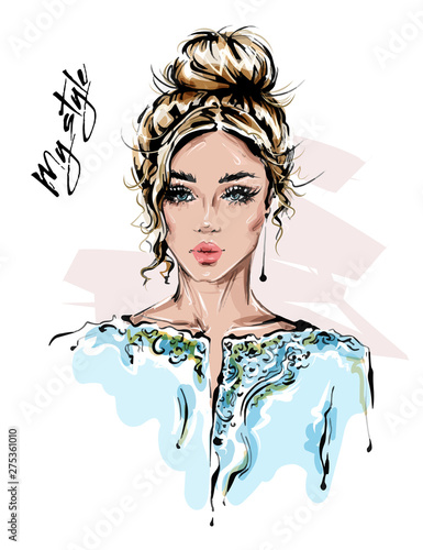 Hand drawn beautiful young woman in stylish jacket. Blonde hair girl. Fashion woman look. Sketch. Vector illustration.