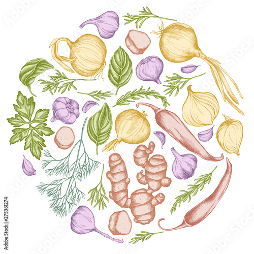 Round floral design with pastel onion, garlic, pepper, greenery, ginger, basil, rosemary