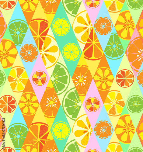 Texture yellow with a pattern of lemons limes oranges citrus fresh fruit useful vitamin summer tropical tasty sweet in rhombus for wallpaper in the kitchen or in a cafe. Vector illustration