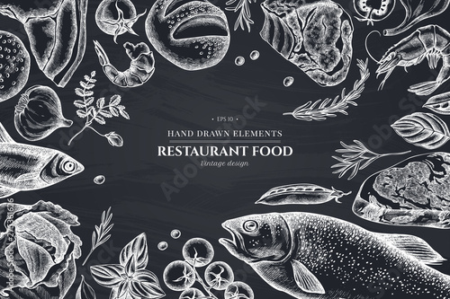 Floral design with chalk garlic, cherry tomatoes, peas, fish, shrimp, cabbage, beef, buns and bread, croissants and bread, basil, rosemary