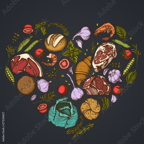 Heart floral design on dark background with garlic, cherry tomatoes, peas, fish, shrimp, cabbage, beef, buns and bread, croissants and bread, basil, rosemary