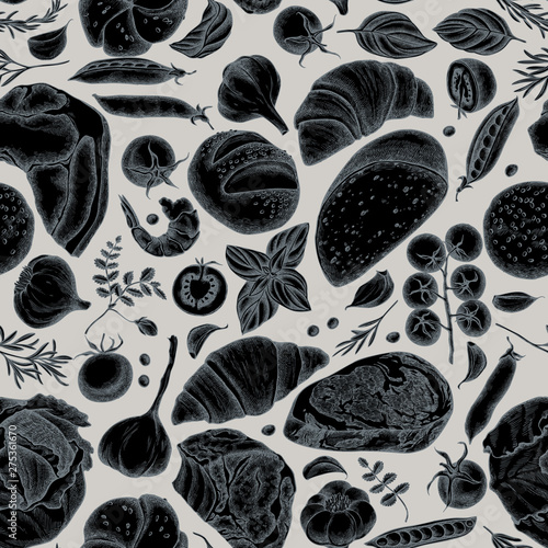 Seamless pattern with hand drawn stylized garlic, cherry tomatoes, peas, fish, shrimp, cabbage, beef, buns and bread, croissants and bread, basil, rosemary