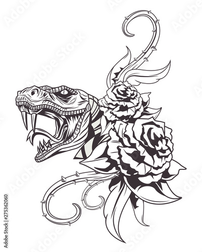snake head and roses drawn in black and white icon