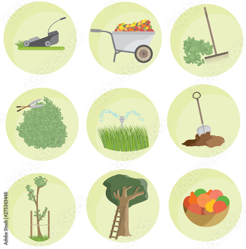 Cartoon color garden set icon pack landscape flat funny