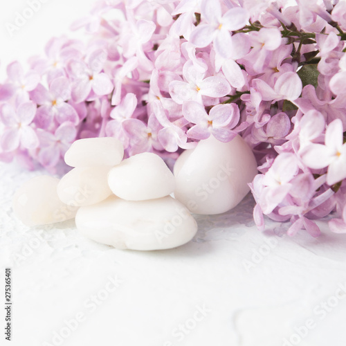 Aromatherapy and spa concept with white stones and lilac flowers with copy space © karlevana