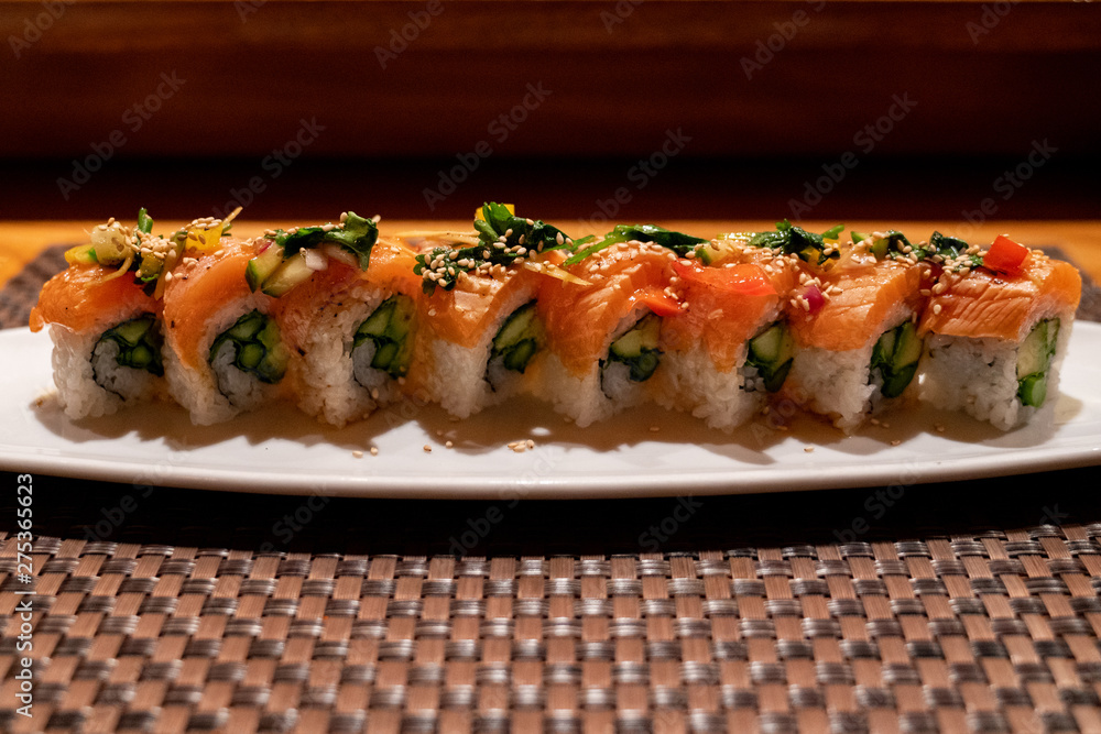 Delicious and colorful salmon sushi roll Delicious and colorful salmon sushi roll
