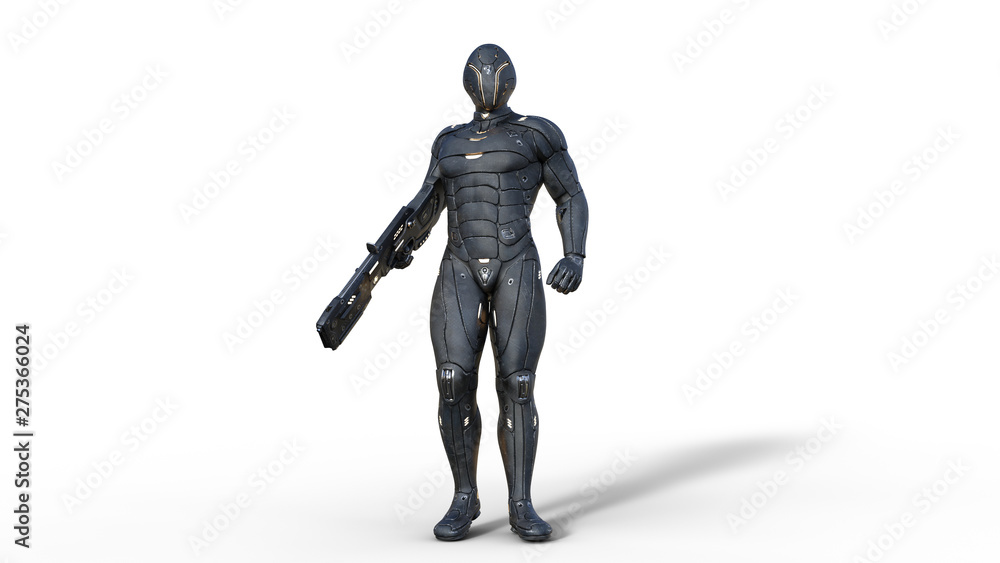 Futuristic android soldier in bulletproof armor, military cyborg armed with sci-fi rifle gun standing on white background, 3D rendering Futuristic android soldier in bulletproof armor, military cyborg armed with sci-fi rifle gun standing on white background, 3D rendering