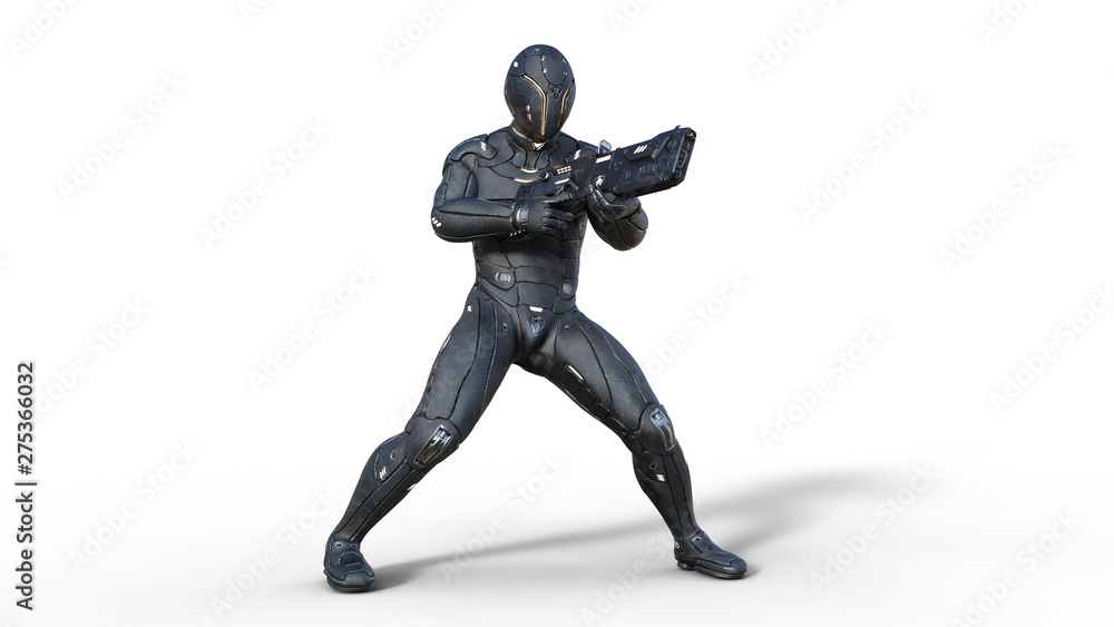 Futuristic android soldier in bulletproof armor vest, military cyborg armed with sci-fi rifle gun shooting on white background, 3D rendering Futuristic android soldier in bulletproof armor vest, military cyborg armed with sci-fi rifle gun shooting on white background, 3D rendering