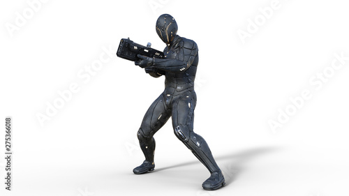 Futuristic android soldier in bulletproof armor, military cyborg armed with sci-fi rifle gun shooting on white background, 3D rendering