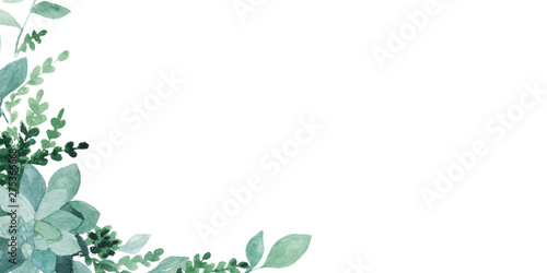 watercolor green leaves  isolated on white. Sketched wreath  floral and herbs garland. Handdrawn watercolour illustration