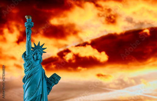 New York City, The Statue of Liberty in a colorful sunset