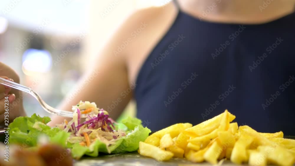 close-up. woman eating in a fast food restaurant gyros with cabbage salad and french fries close-up. woman eating in a fast food restaurant gyros with cabbage salad and french fries