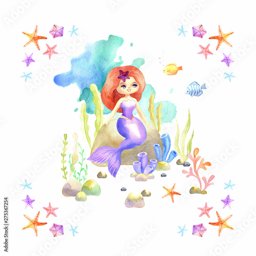 Beautiful mermaid. Colorful hand drawn illustration isolated on a white background. Watercolor painting.