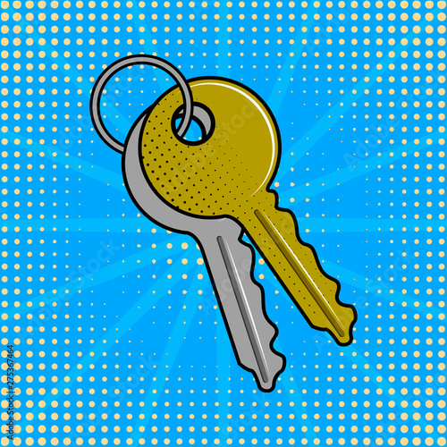 Pair of keys on a keychain. Pop art style - Vector
