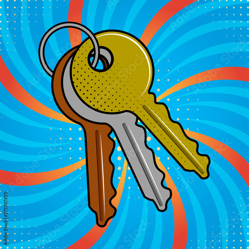 Group of keys on a keychain. Pop art style - Vector