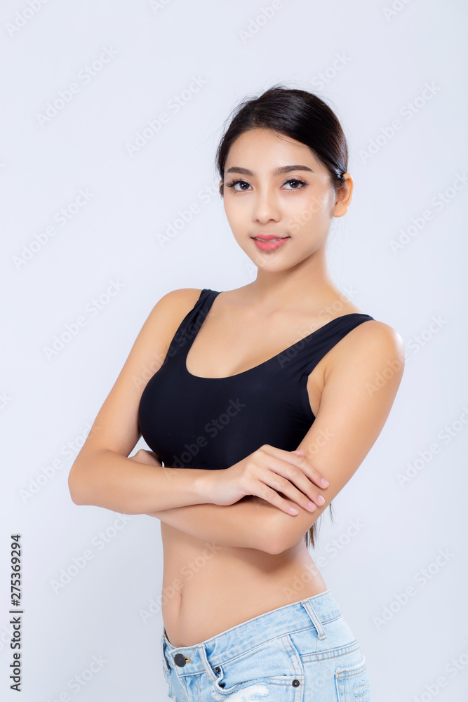 Portrait young asian woman smiling beautiful body diet with fit isolated on white background, model girl weight slim with cellulite or calories, health and wellness concept. Portrait young asian woman smiling beautiful body diet with fit isolated on white background, model girl weight slim with cellulite or calories, health and wellness concept.