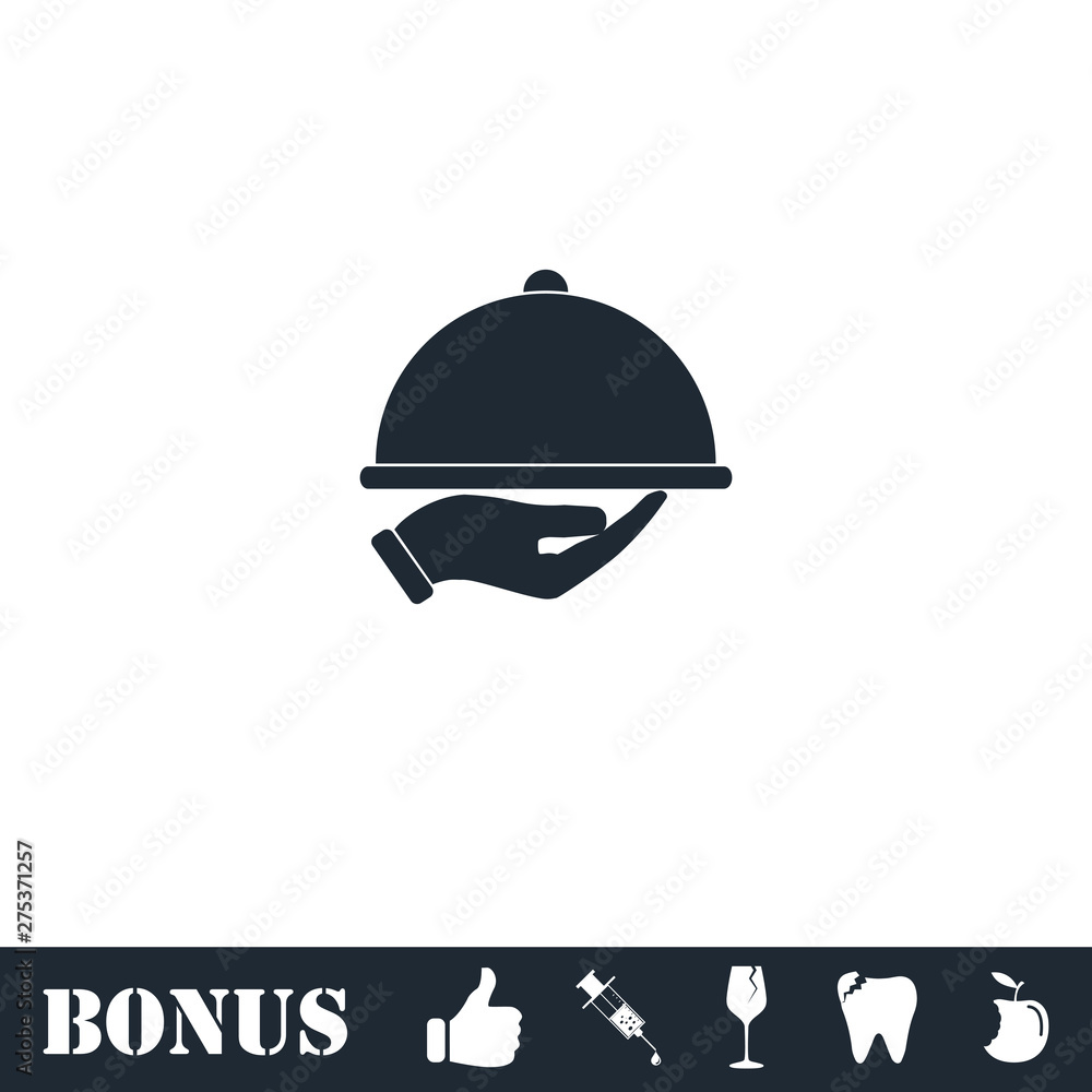 Fototapeta premium Restaurant cloche in hand icon flat