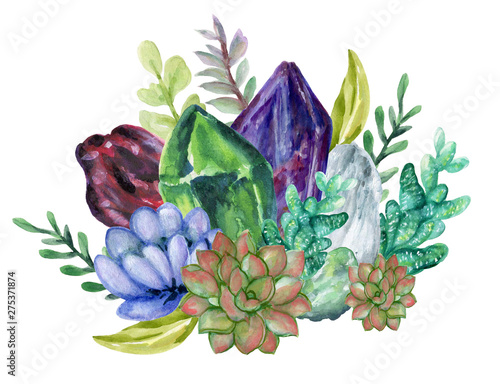 watercolor gouache elegant vintage Crystal Stone and Gemstones with flower succulants and foliage leaf bouquet wreath hand painted photo