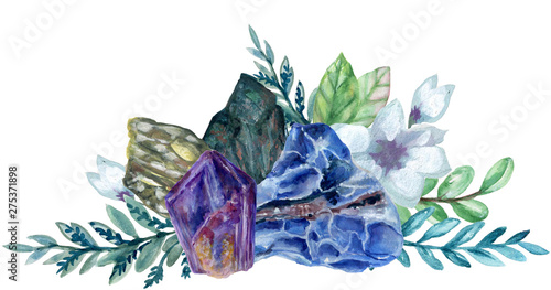 watercolor gouache elegant vintage Crystal Stone and Gemstones with flower succulants and foliage leaf bouquet wreath hand painted photo