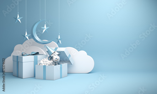 Gift box, sheep, crescent moon, star on studio lighting blue pastel background. Design creative concept of islamic celebration eid al adha or happy birthday. 3d rendering illustration. photo