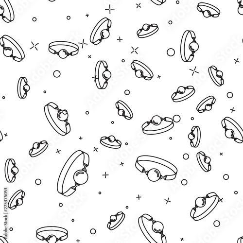 Black line Silicone ball gag with a leather belt icon isolated seamless pattern on white background. Fetish accessory. Sex toy for men and woman. Vector Illustration