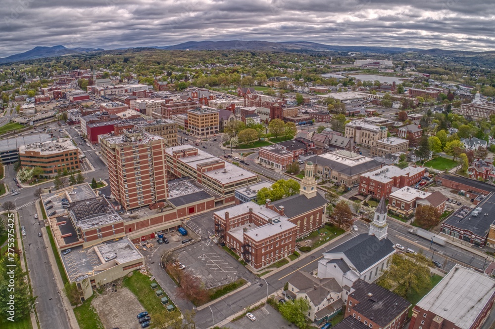 Aerial View of Downtown Pittsfield, Massachusetts on a cloudy spring day