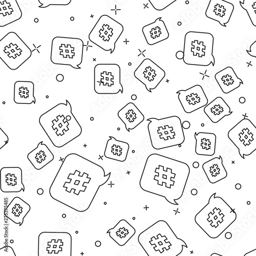 Black line Hashtag speech bubble icon isolated seamless pattern on white background. Concept of number sign, social media marketing, micro blogging. Vector Illustration