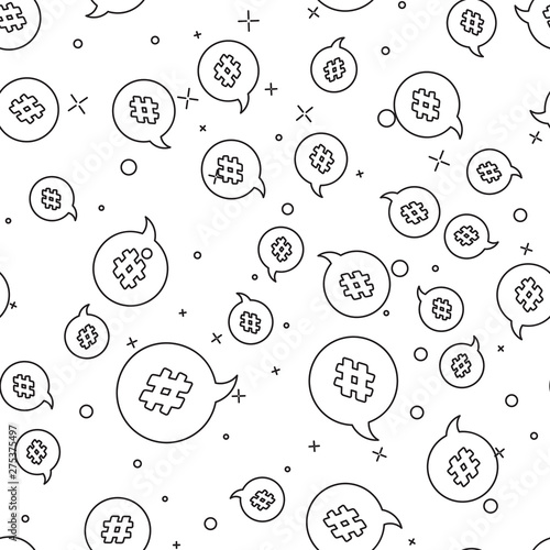 Black line Hashtag speech bubble icon isolated seamless pattern on white background. Concept of number sign, social media marketing, micro blogging. Vector Illustration