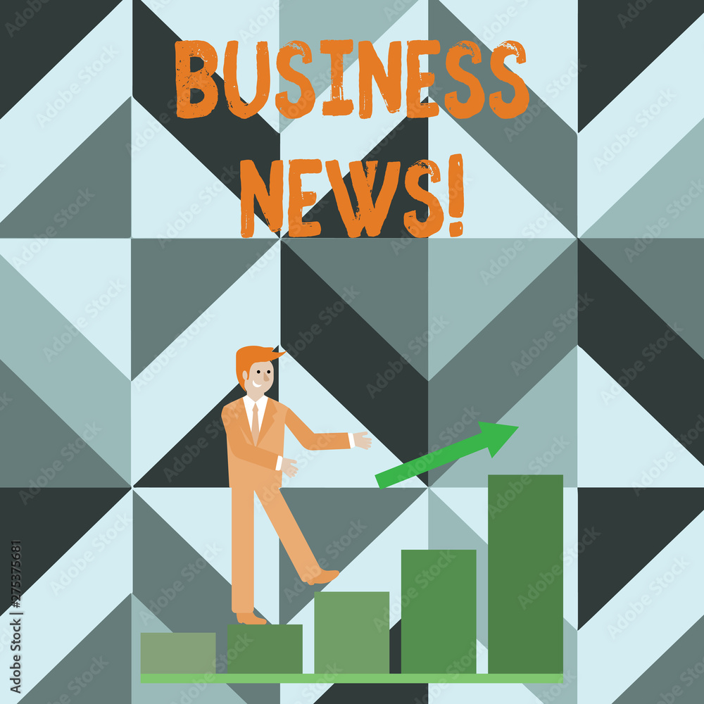 Writing note showing Business News. Business concept for information reported in a newspaper or news magazine Smiling Businessman Climbing Bar Chart Following an Arrow Up Writing note showing Business News. Business concept for information reported in a newspaper or news magazine Smiling Businessman Climbing Bar Chart Following an Arrow Up