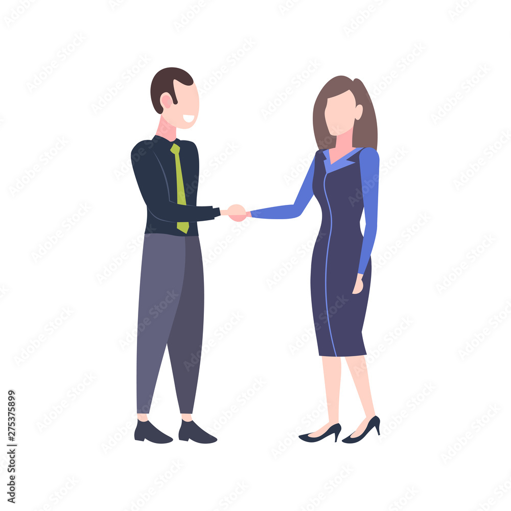 businesspeople couple shaking hands man woman business partners handshake agreement partnership concept flat full length