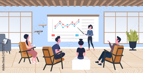 businesswoman presenting financial graphs to colleagues businesspeople group conference meeting presentation concept modern co-working office interior flat horizontal full length