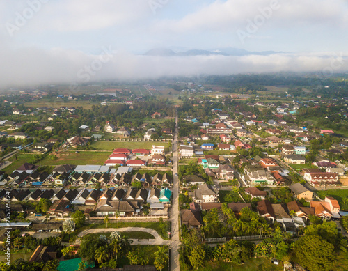The aerial view of Chiang Rai town one of the famous province in Northern region of Thailand in the morning. High angle view from drone.