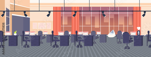 creative office empty no people open space with furniture modern co-working center interior panoramic windows night cityscape background flat horizontal banner