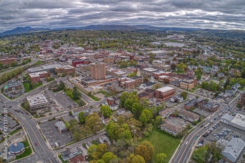Aerial View of Downtown Pittsfield, Massachusetts on a cloudy spring day photo