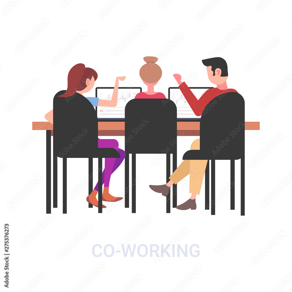 businesspeople sitting at workplace desk discussion financial graphs analyzing statistics on laptop screen brainstorming co-working concept successful teamwork flat