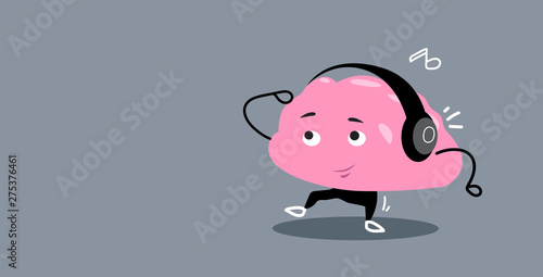 cute human brain organ listening music with headphones relax concept kawaii style pink cartoon character horizontal