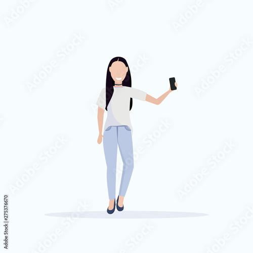 brunette woman taking selfie photo on smartphone camera casual female cartoon character posing white background flat full length