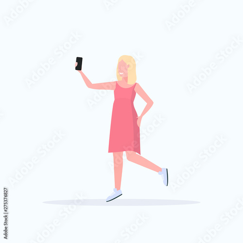 blonde woman taking selfie photo on smartphone camera casual female cartoon character posing white background flat full length