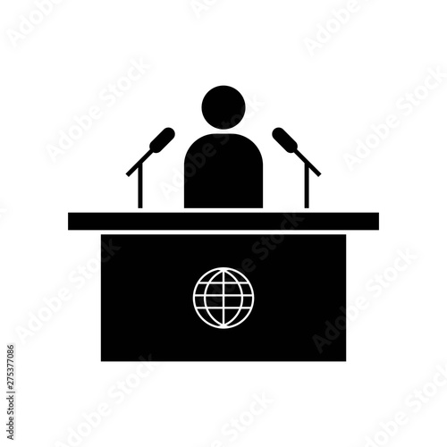 News anchor black icon. Symbol the news announcer is doing his job, using two micropons. Black silhouettes of news anchor.- vector