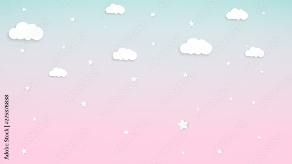 Abstract kawaii Sweet Colorful Cloud and star background. Soft gradient pastel Comic graphic. Concept for wedding card design or presentation