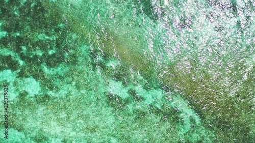 Sun reflecting on azure shallow waters on the reef in the Caribbean, so transparent that rocks on the seabed are clearly visible photo