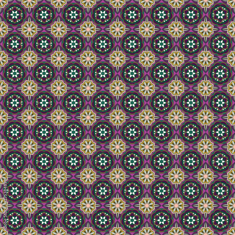 SEAMLESS ORNATE PATTERN WITH MANDALA ELEMENTS IN SHADES OF PINK, RASPBERRY, PURPLE, CREAM, ORANGE, BLACK AND TAN. MANDALA TEXTURE. VECTOR TEMPLATE FOR FABRIC, WALLPAPER, TILE, WRAPPING, COVERS AND