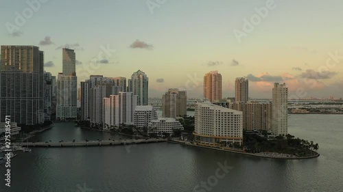 Cinematic Aerial Shot of Brickell Key In Miami Florida at Sunset During Golden Hour photo