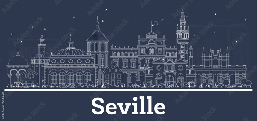 Outline Seville Spain City Skyline with White Buildings.