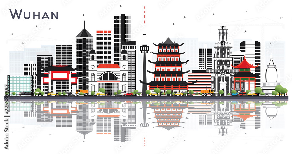 Wuhan China City Skyline with Gray Buildings and Reflections Isolated on White.