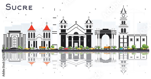 Sucre Bolivia City Skyline with Gray Buildings and Reflections Isolated on White.