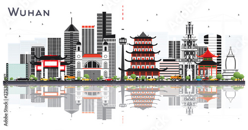 Wuhan China City Skyline with Gray Buildings and Reflections Isolated on White.